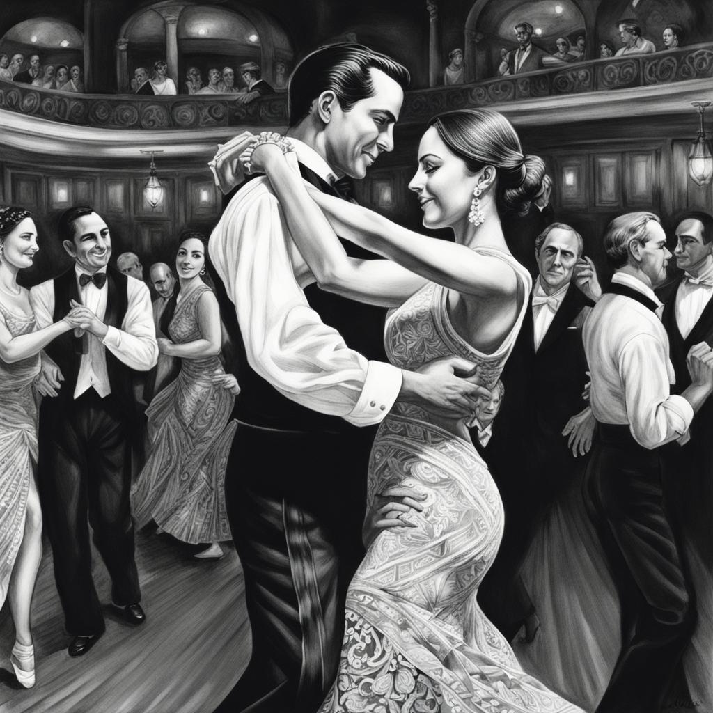 Black and white pencil drawing. A milonguero dance couple in the midst of a social dance at a milonga in Buenos Aires. The setting is vibran