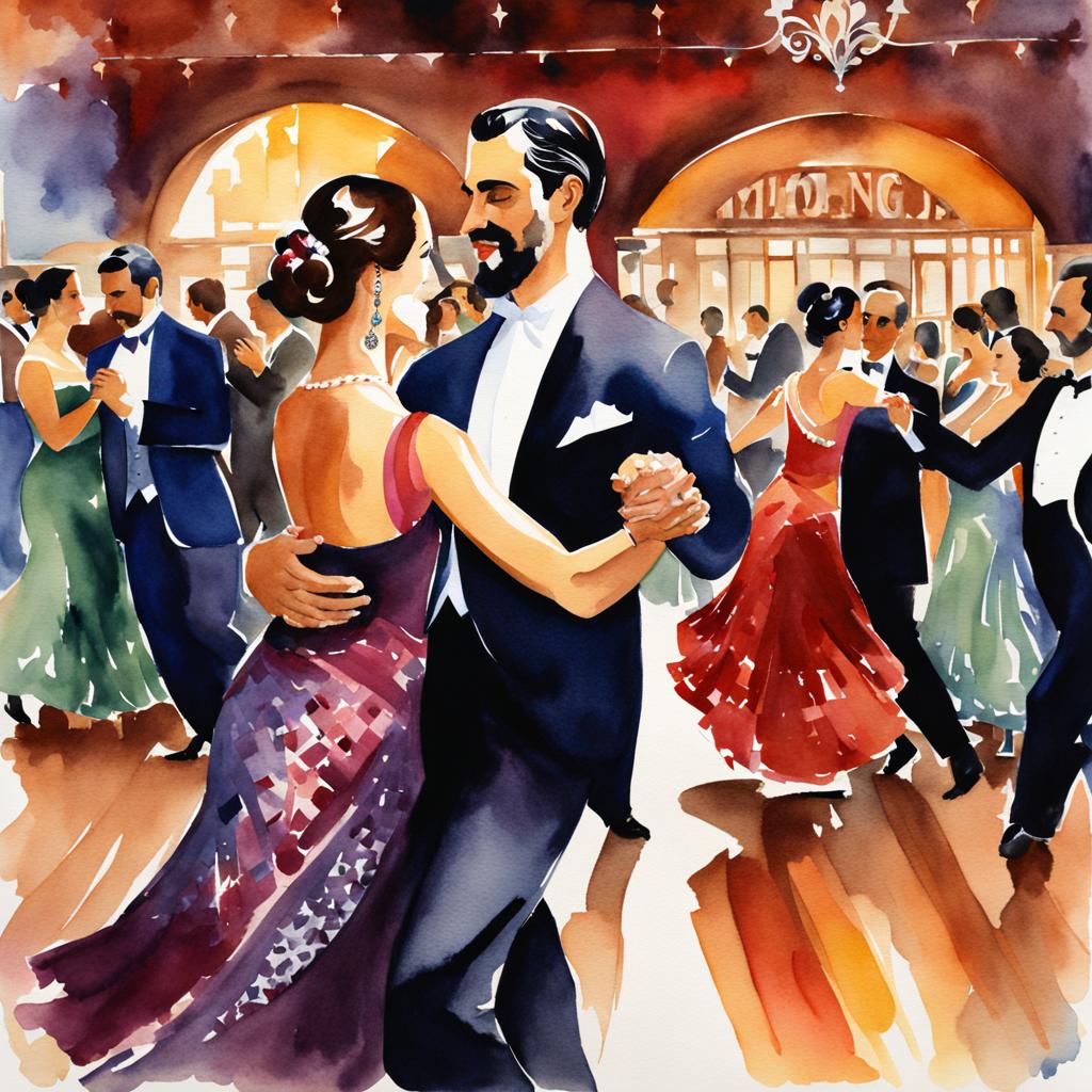 Watercolor. A milonguero dance couple in the midst of a social dance at a milonga in Buenos Aires. The setting is vibrant and authentic, fil