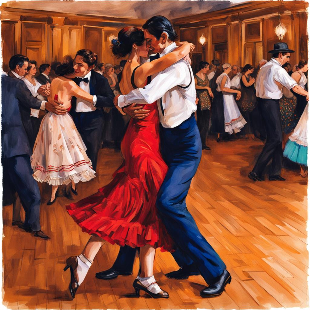 A milonguero dance couple in the midst of a social dance at a milonga in Buenos Aires. The setting is vibrant and authentic, filled with dancers. The couple is in close embrace, capturing the connected and intricate style of milonguero dancing. The man is dressed in traditional attire, and the woman is in a stylish dress, both moving gracefully on the dance floor. The background shows other dancers and the lively atmosphere of the milonga, with vintage decorations and warm lighting.