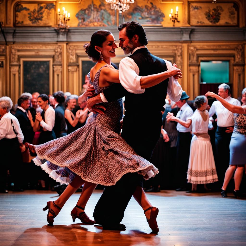 A milonguero dance couple in the midst of a social dance at a milonga in Buenos Aires. The setting is vibrant and authentic, filled with dancers. The couple is in close embrace, capturing the connected and intricate style of milonguero dancing. The man is dressed in traditional attire, and the woman is in a stylish dress, both moving gracefully on the dance floor. The background shows other dancers and the lively atmosphere of the milonga, with vintage decorations and warm lighting.