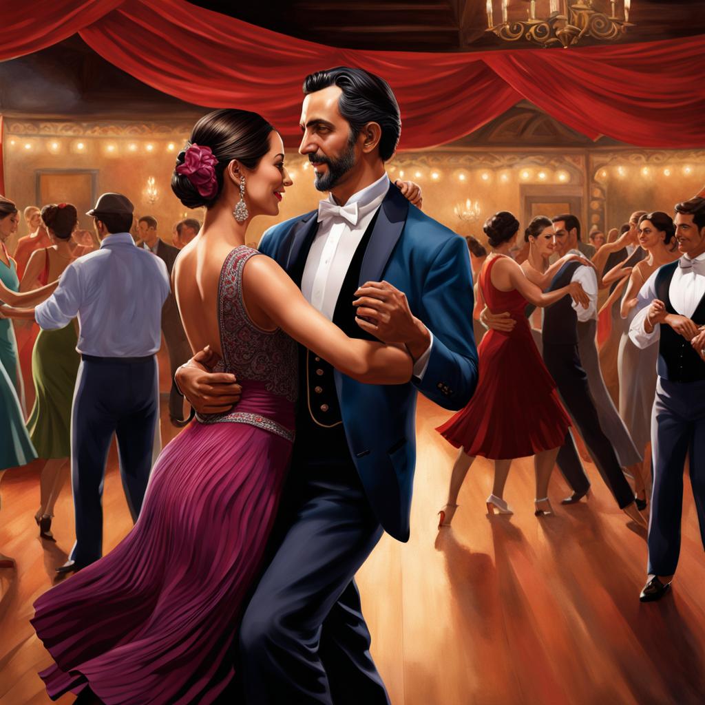 Photorealistic rendering. A milonguero dance couple in the midst of a social dance at a milonga in Buenos Aires. The setting is vibrant and