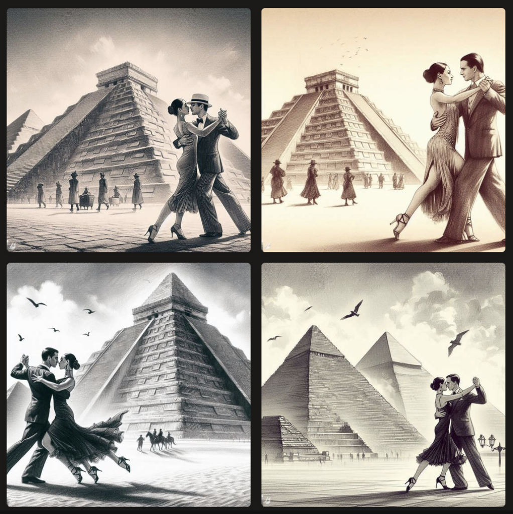 a tango couple in front of the pyramids as a pencil sketch