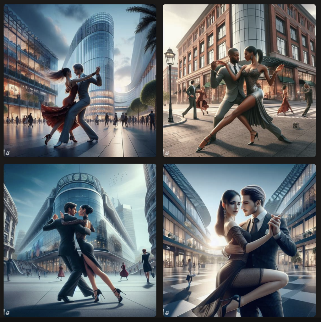 a tango couple in front of a shopping mall as a photorealistic rendering