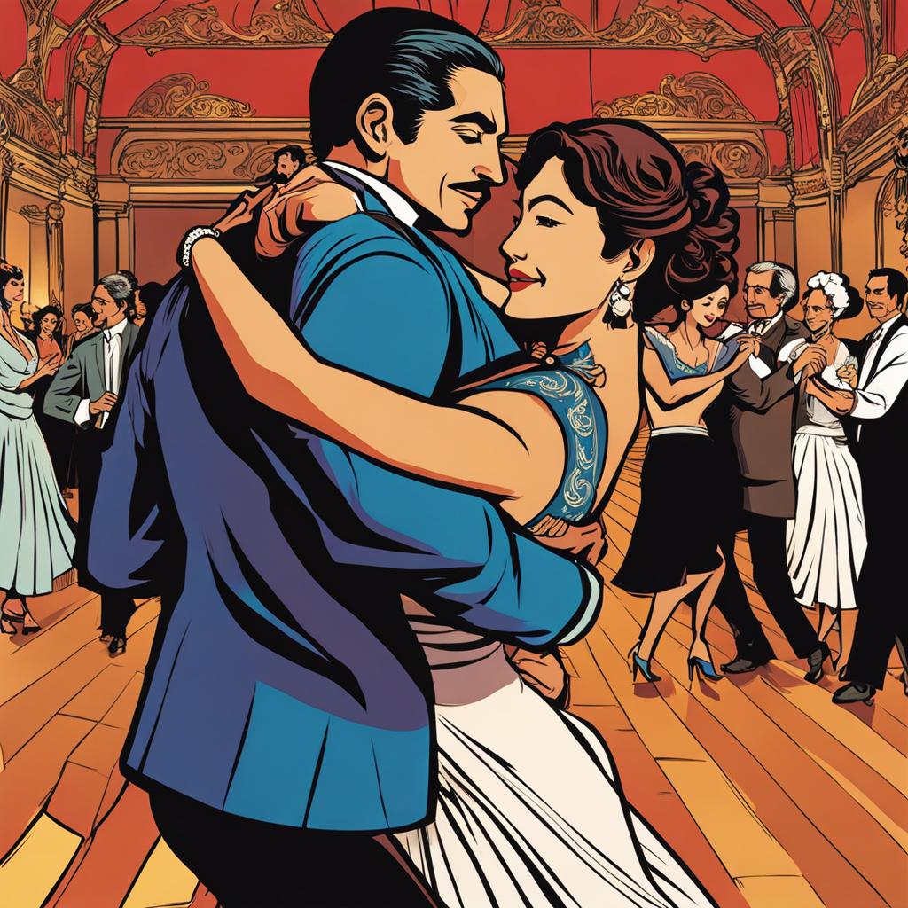 Manga comic. A milonguero dance couple in the midst of a social dance at a milonga in Buenos Aires. The setting is vibrant and authentic, fi